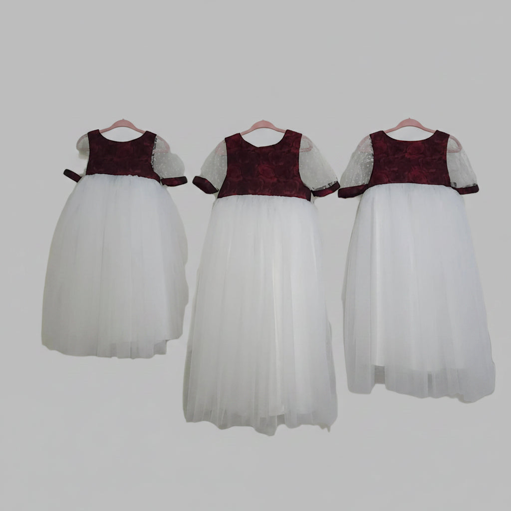 front view of Red and White Flower Girl Dresses with large bow and puff sleeves image 5