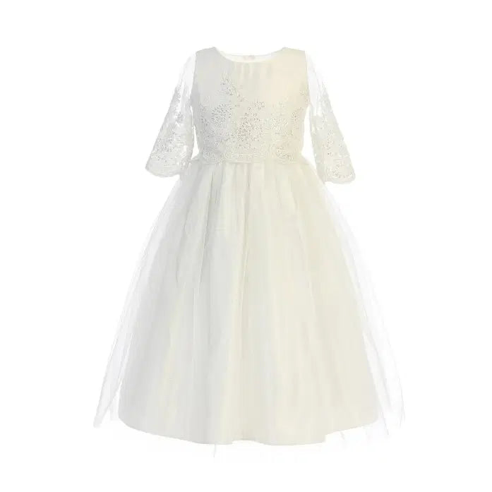 long sleeved Champagne Flower Girl Dress with lace bodice image 1