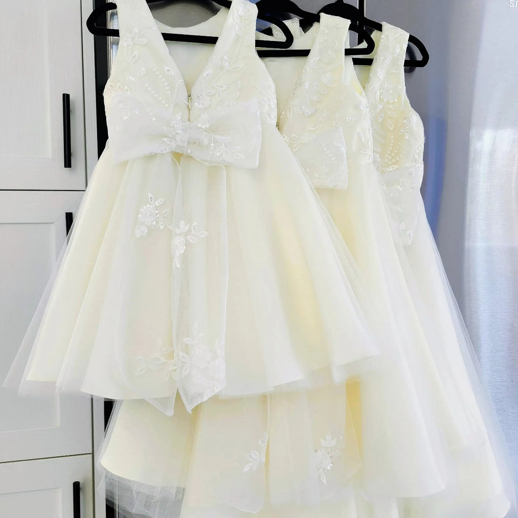 back view of Classic Ivory Flower Girl Dresses With Lace Bow image 2