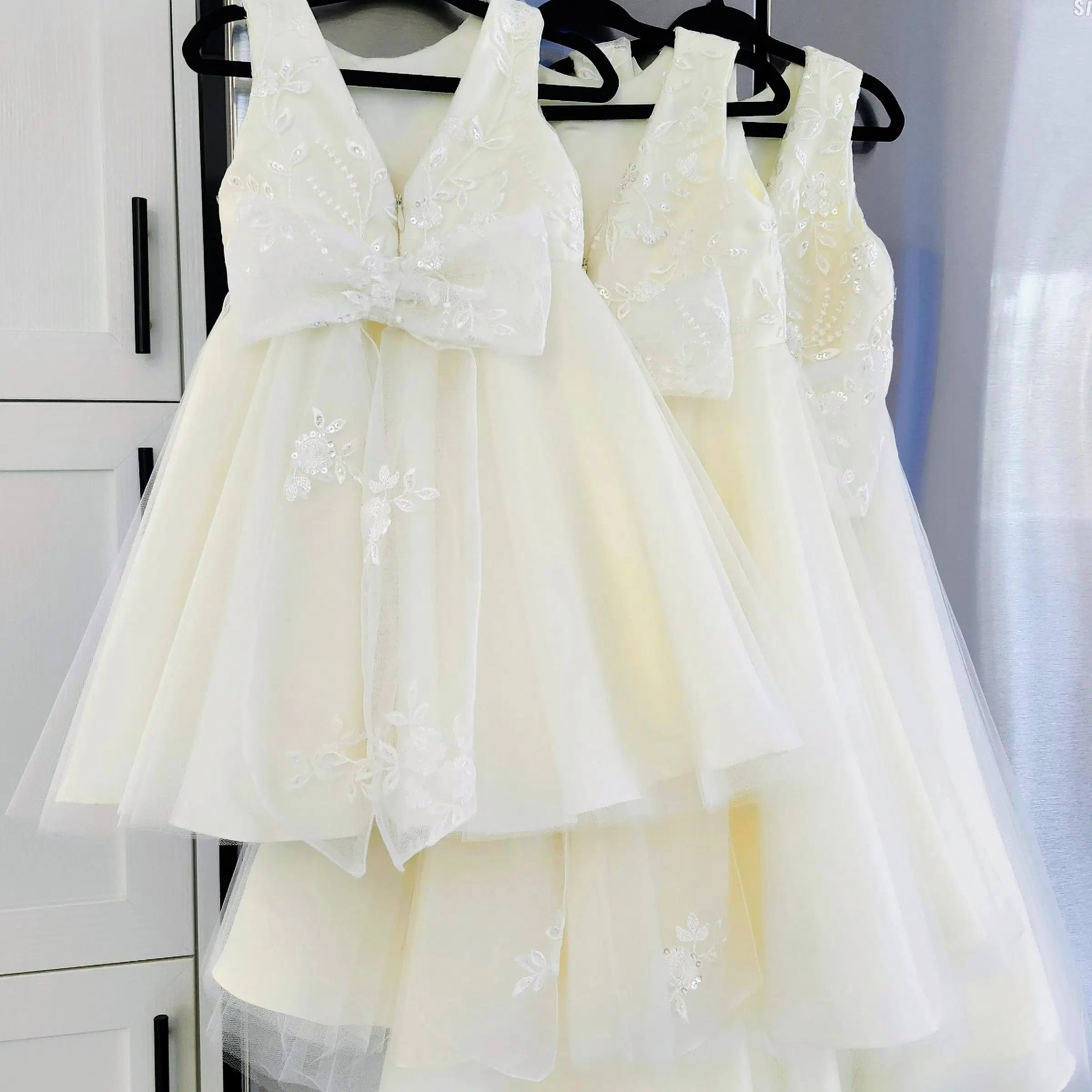 back view of Classic Ivory Flower Girl Dresses With Lace Bow image 2