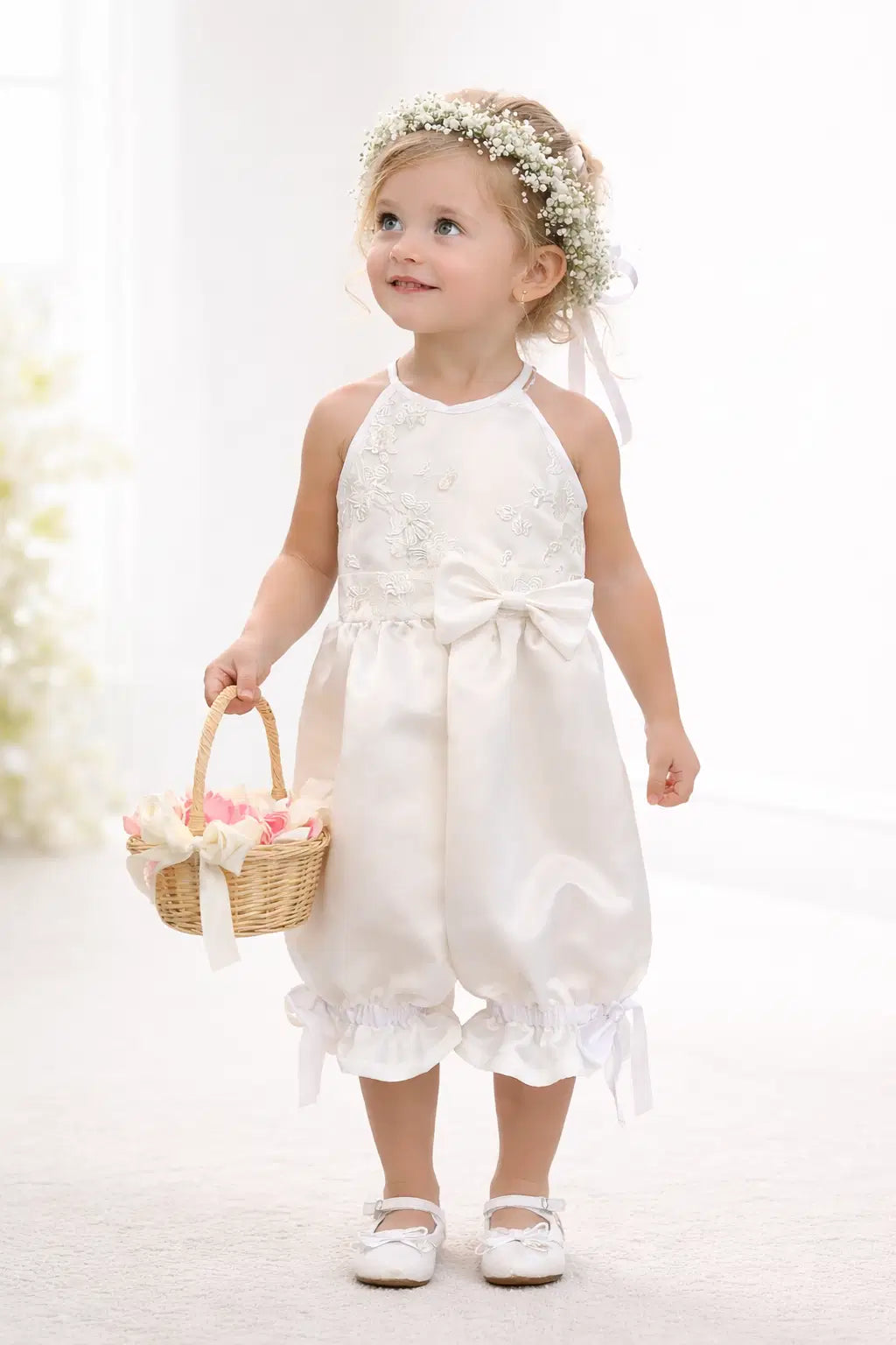 Flower girl wearing a Romper with Pantaloons and lace bodice image 3