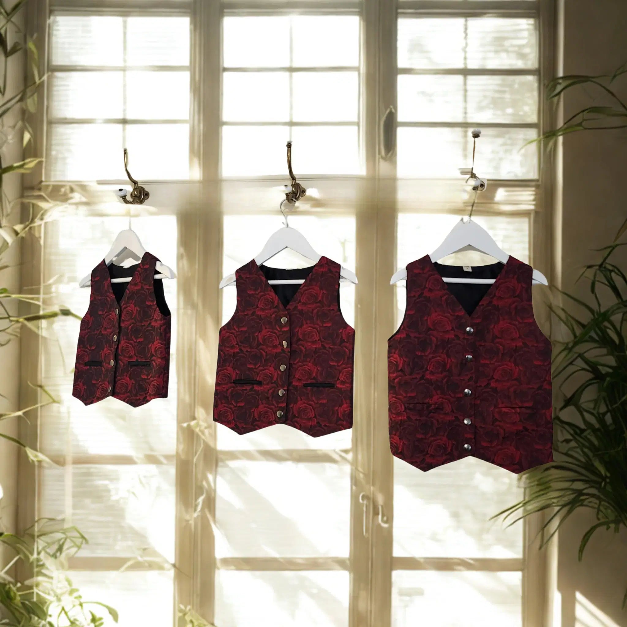  three red vests for boys hanging from hangers image 2