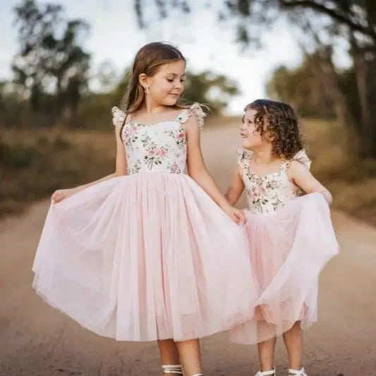 two models wearing Pink Flower Girl Dresses with tulle skirt image 6