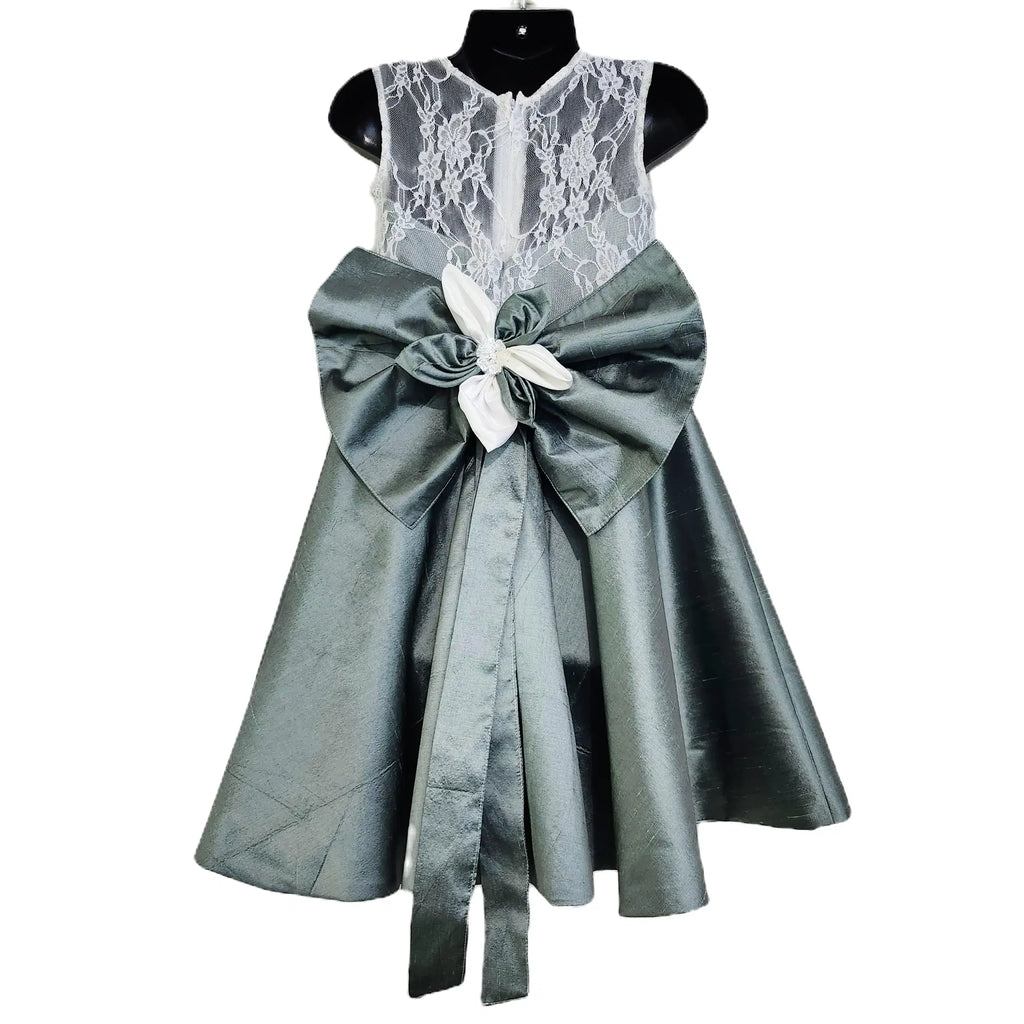 back view Sage Green Flower Girl Dresses  with large bow image 2