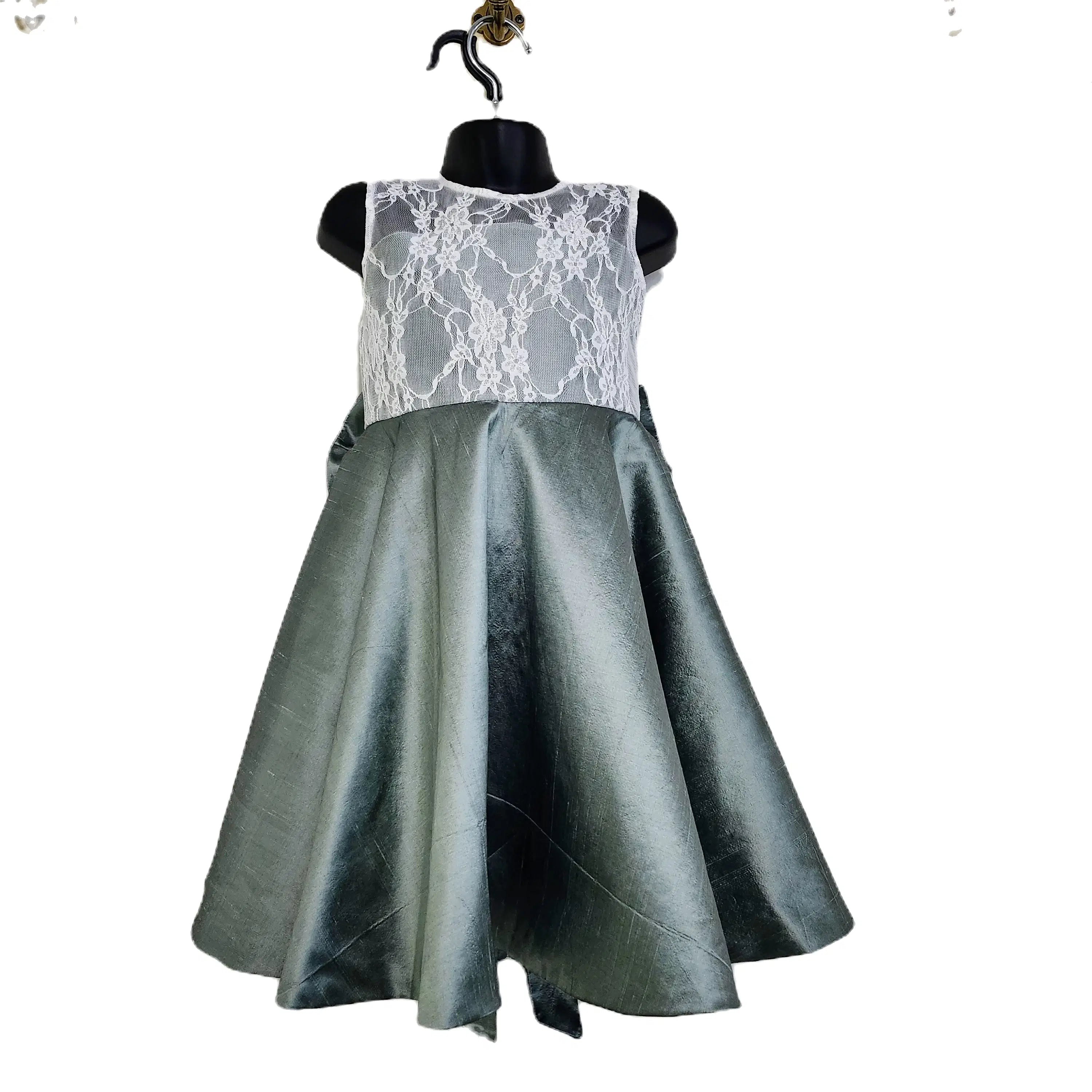 front view of Sage Green Flower Girl Dresses with lace and large bow image 3