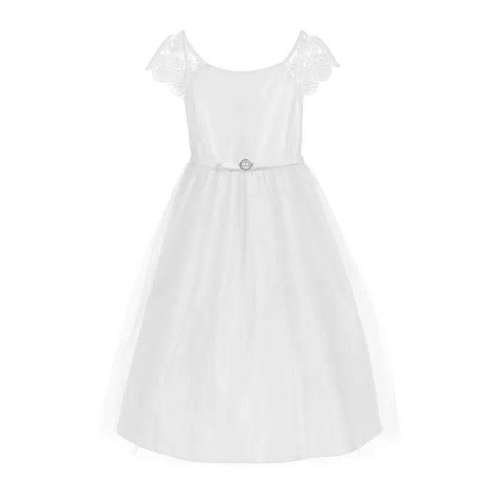 Tea length White Flower Girl Dress with lace cap sleeves image 1