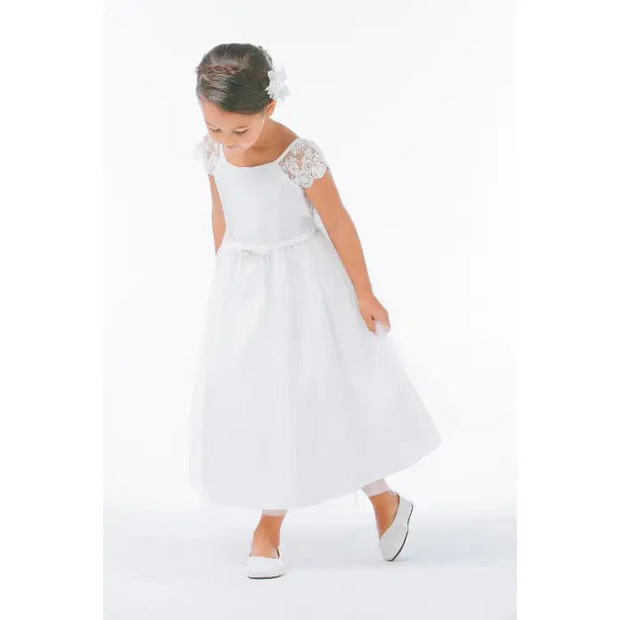 model wearing a tea length White Flower Girl Dress with cap sleeves image 3