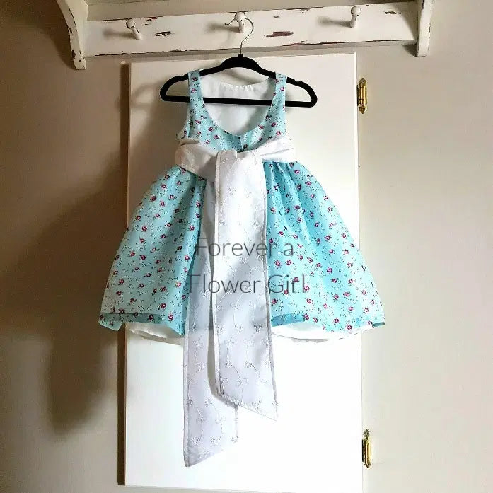 Floral Cotton flower girl dress with white sash image 0