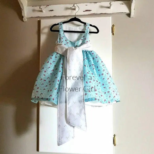Blue Cotton flower girl dress with Sash - Forever a Flower Girl