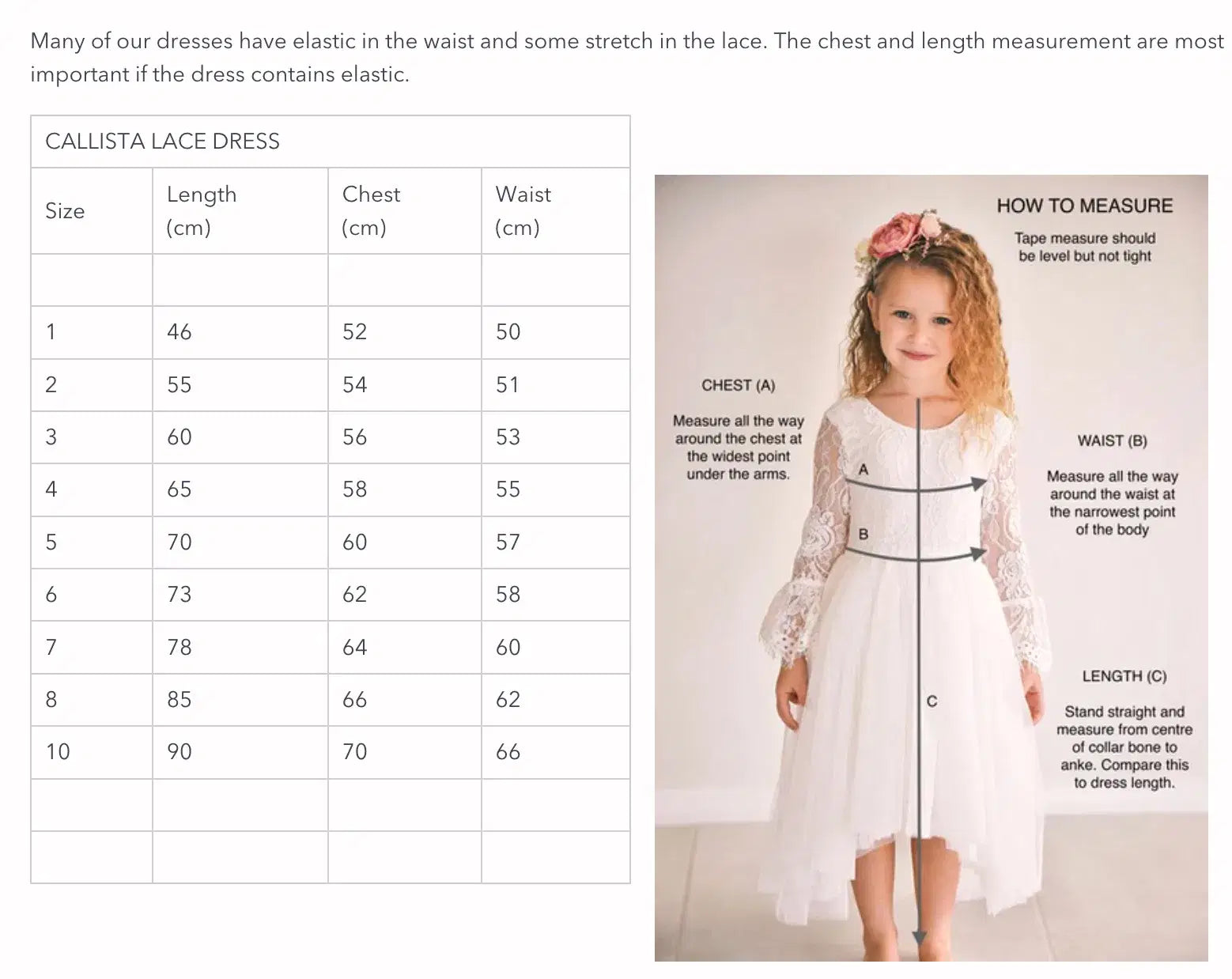 size chart for White Lace Flower Girl Dress image 3