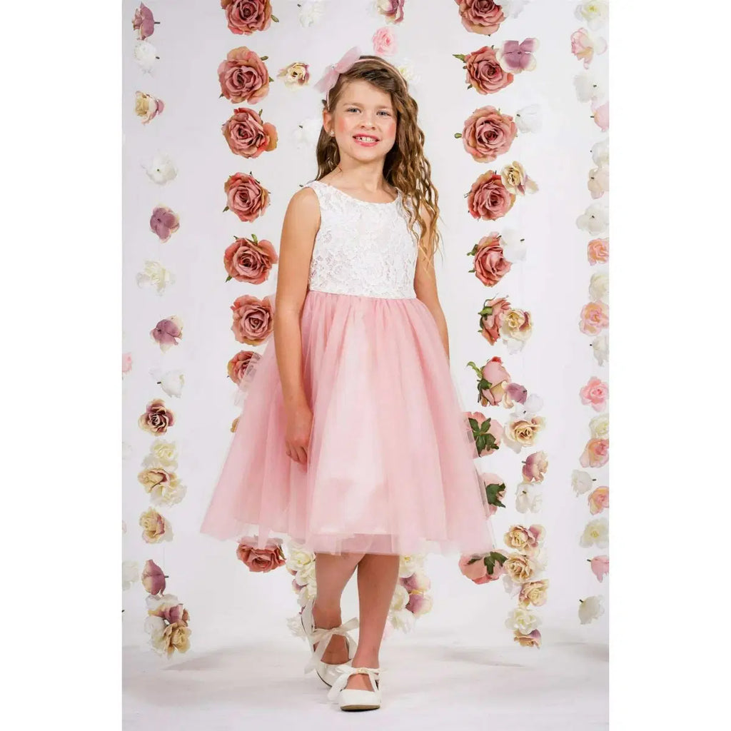 Pink Flower Girl Dress with white lace bodice image 1