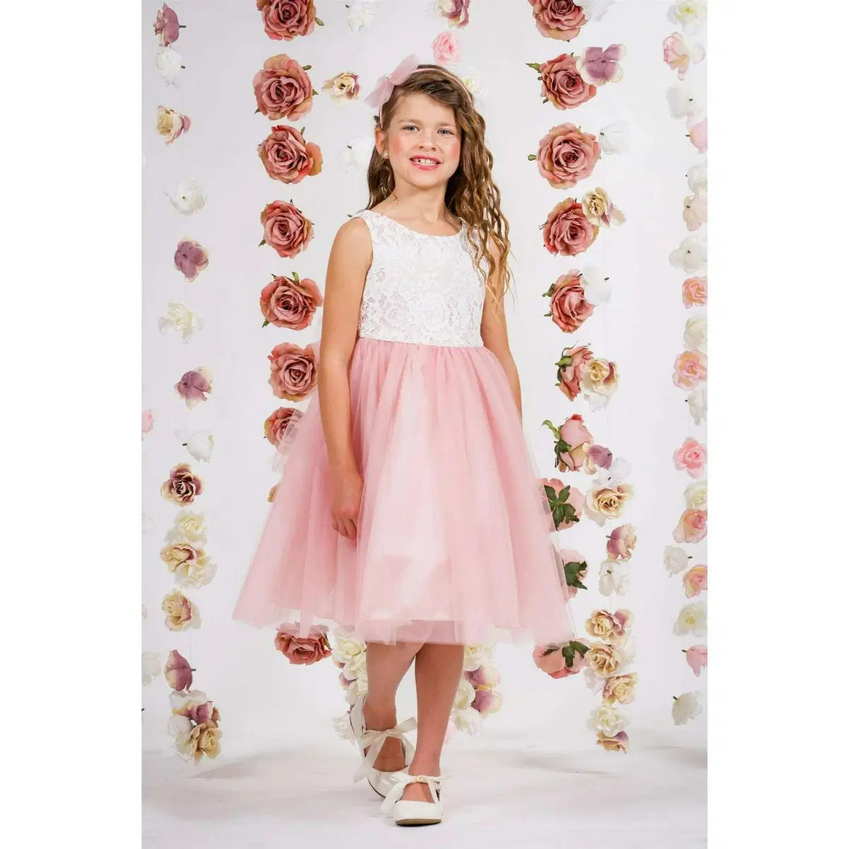 Pink Flower Girl Dress with white lace bodice image 1