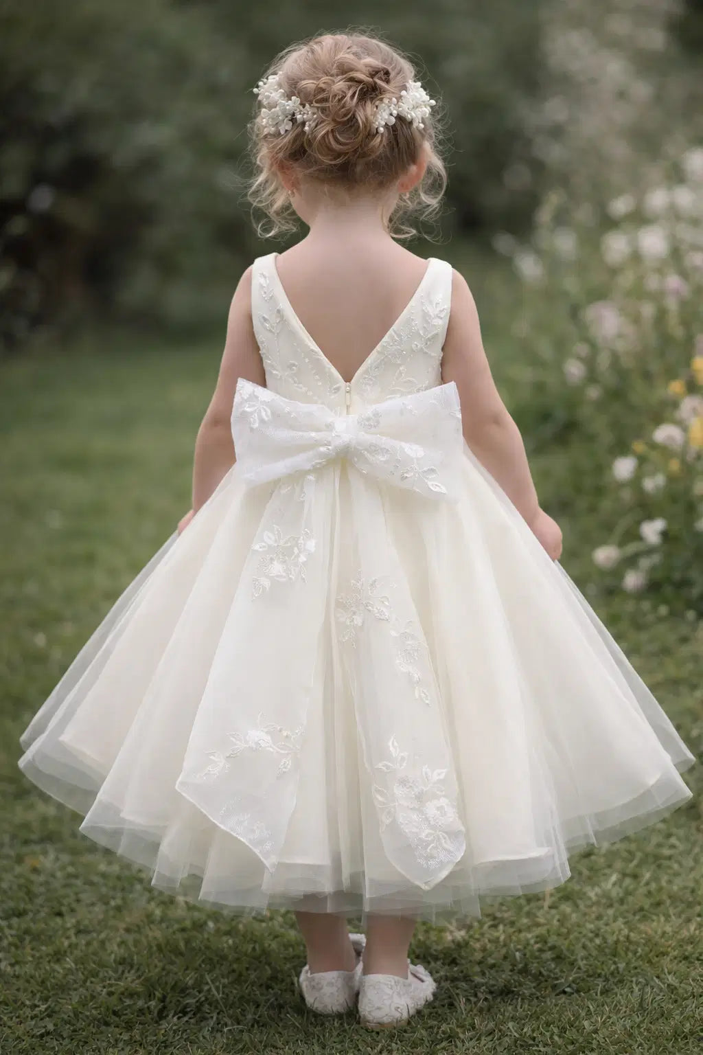 back view of a model wearing a Classic Ivory Flower Girl Dress With  Lace Bow image 10