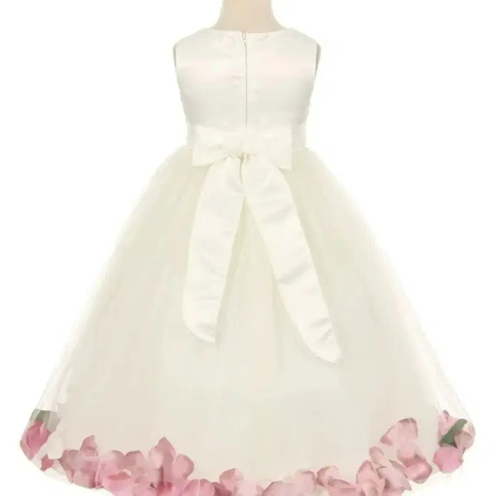 back view of large satin bow on a pink flower girl Dress  image 4