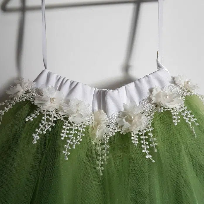 close up view of white lace waistband on Sage Green Tutu Skirt image 1
