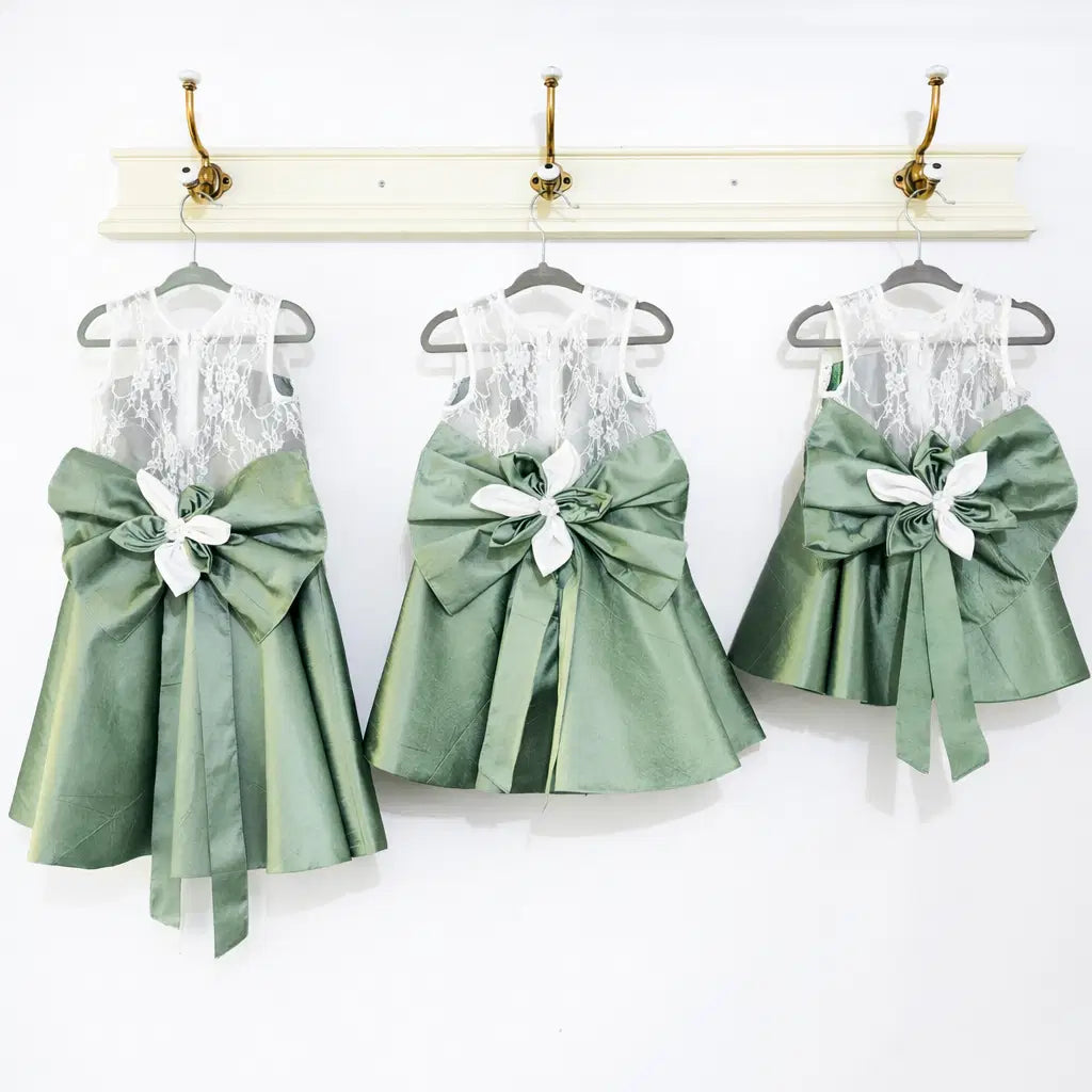 back view of three Sage Green Flower Girl Dresses with large bow and lace image 6