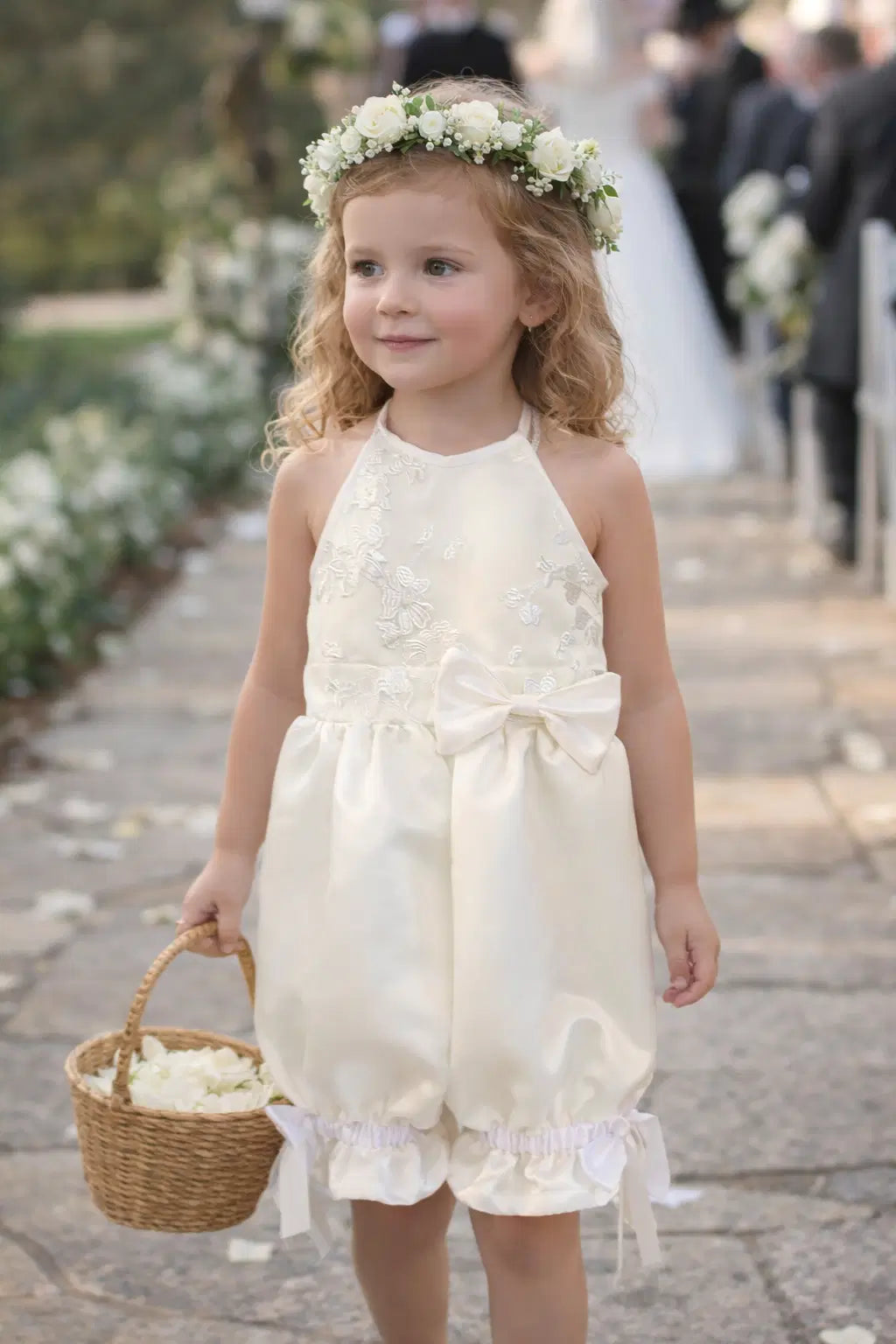 close up view of model wearing a Flower girl Romper with Pantaloons with lace bodice image 2