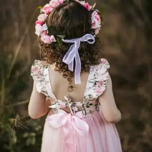close up back view of Pink Flower Girl Dresses image 4
