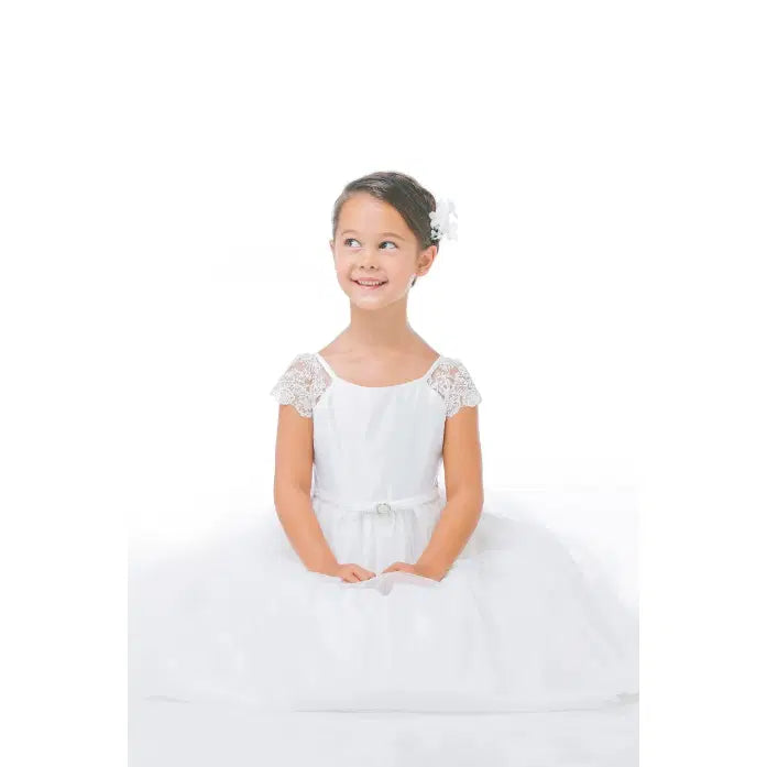 model wearing a White Flower Girl Dress with cap sleeves image 2