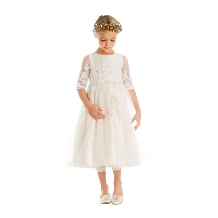 Tea length Champagne Flower Girl Dress with lace bodice image 0