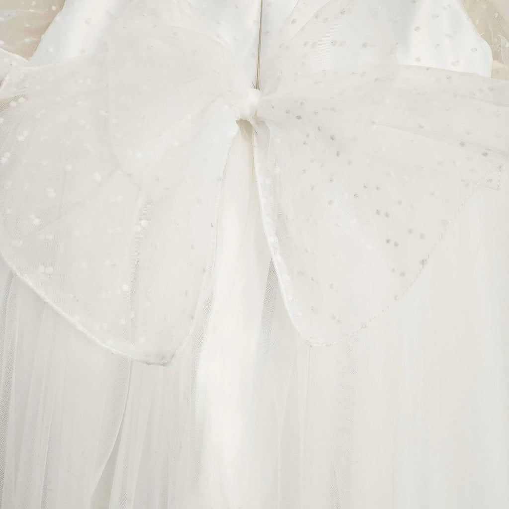 close up view of large bow on White flower girl dress Dress image 2