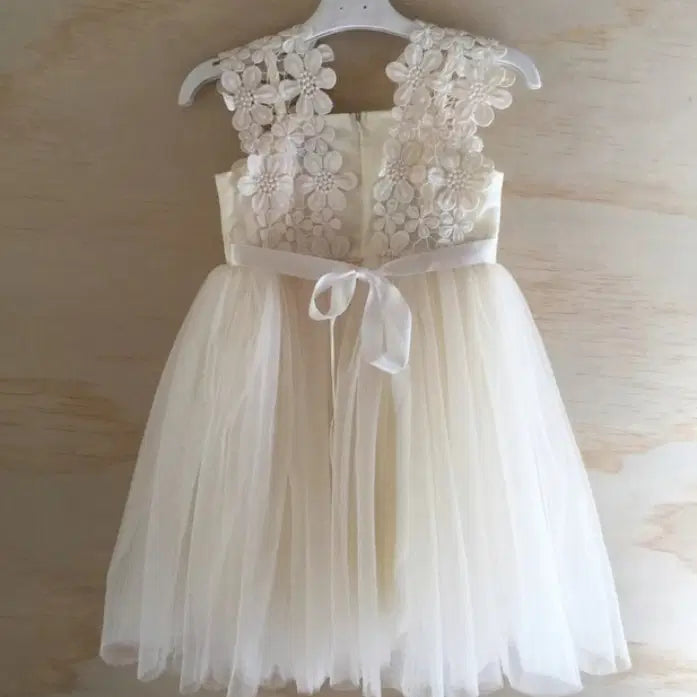 close up back view of Boho Flower Girl Dress with lace bodice image 4