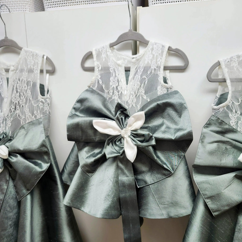 Sage Green Flower Girl Dresses with lace bodice and large bow image 0