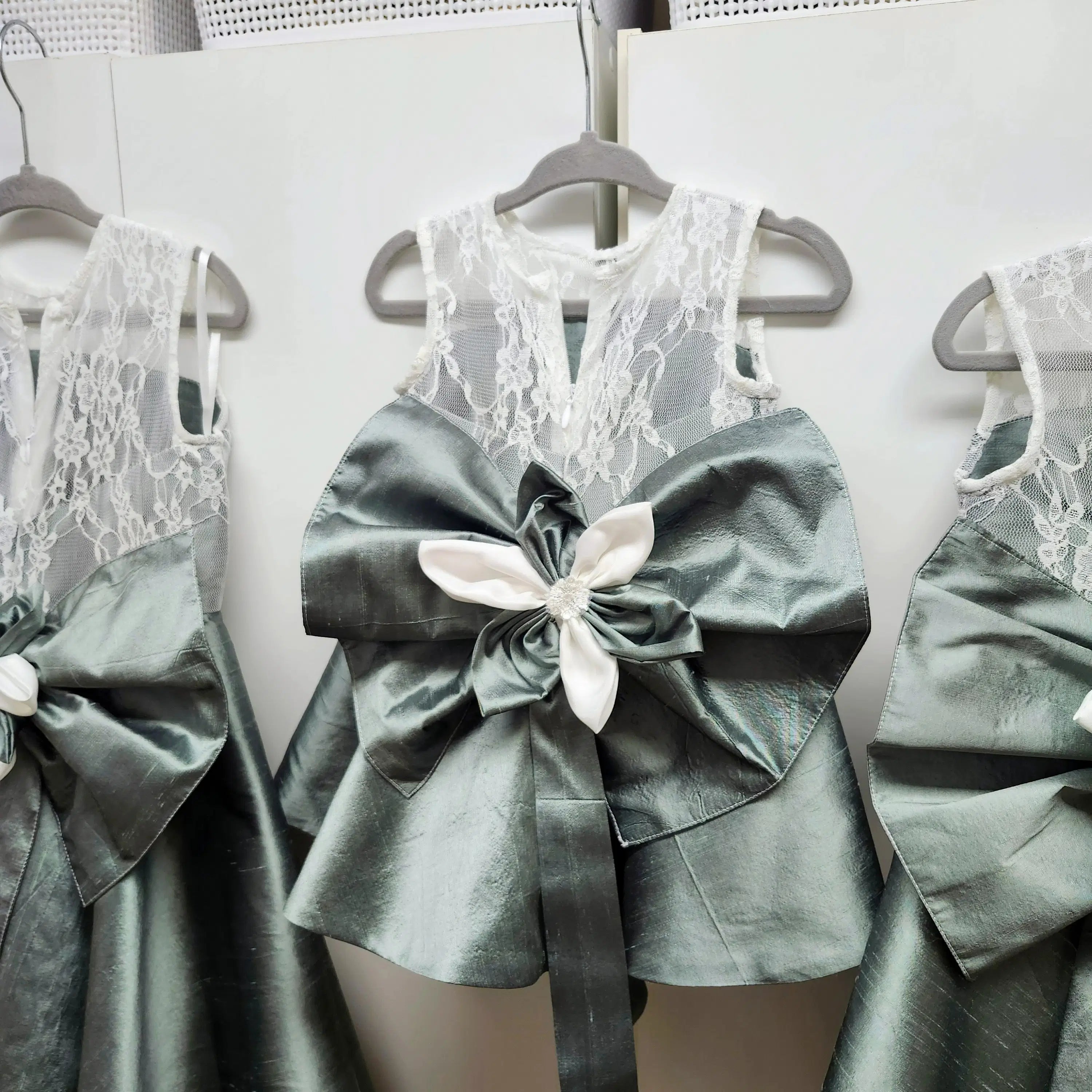 Sage Green Flower Girl Dresses with lace bodice and large bow image 0