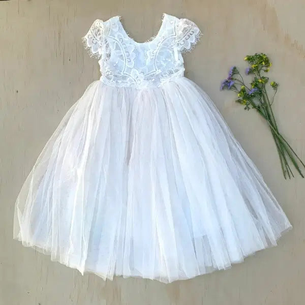 front view of Flower Girl Dress with lace and v back image 2
