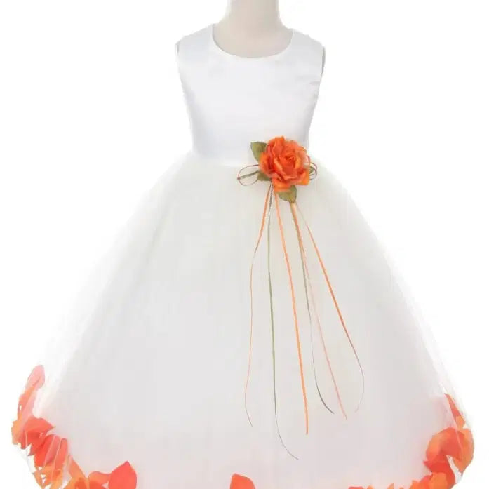 Orange flower girl dress with white satin bodice image 2