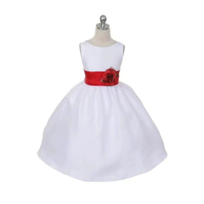 White satin flower girl dress with a red sash image 0