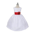 White satin flower girl dress with a red sash image 0