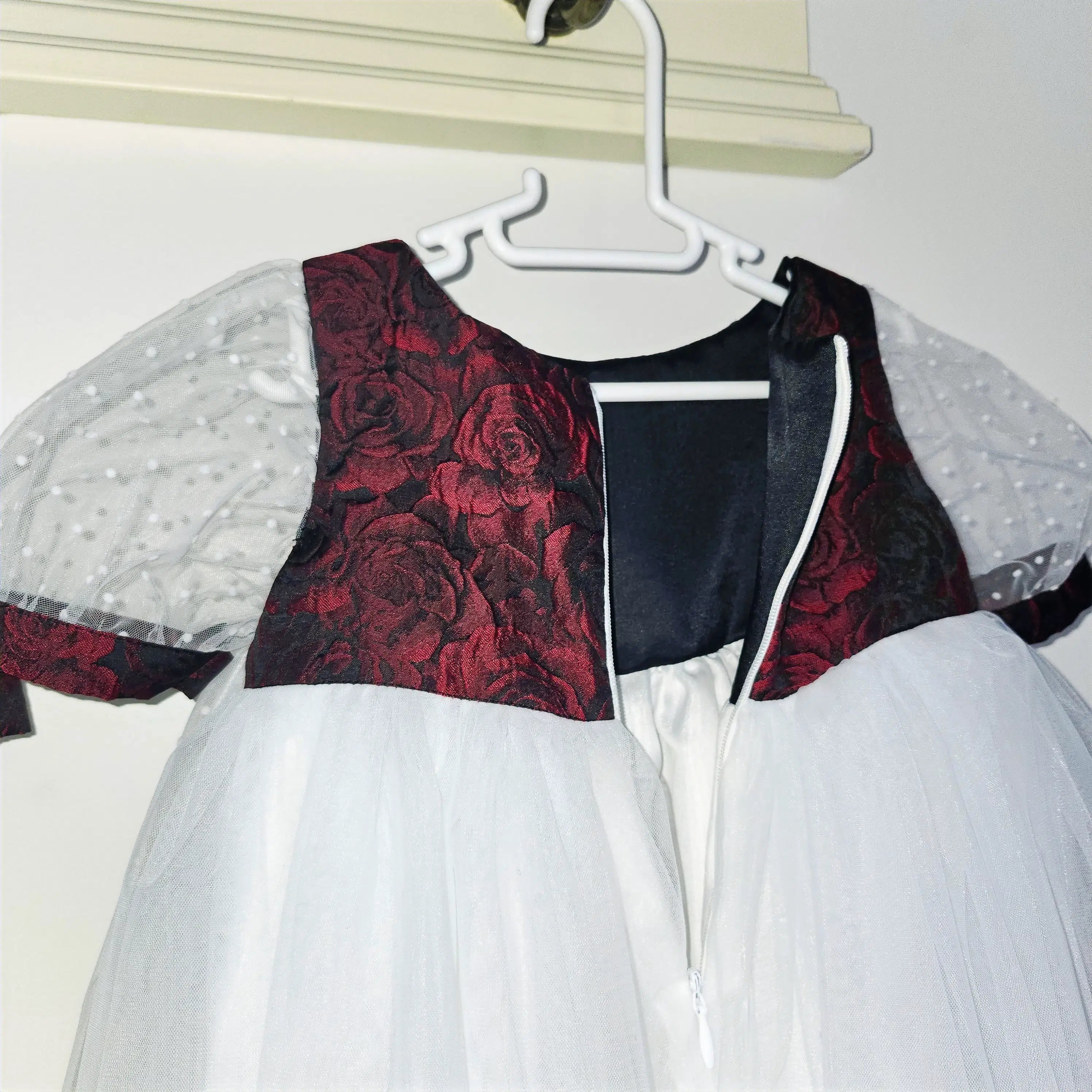 close up view of Red bodice on a White Flower Girl Dress image 4
