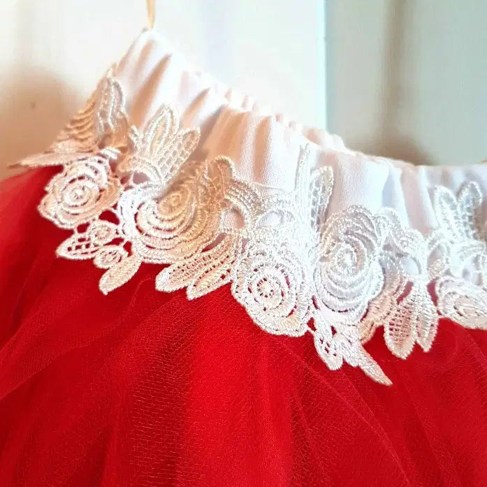 close up image of white lace on Red Tutu Skirt For Girls image 0