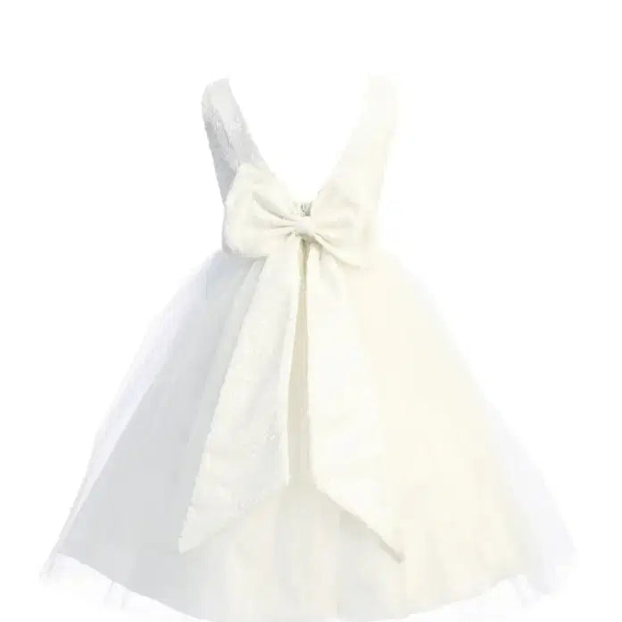 back view of large bow on v back flower girl dress image 3