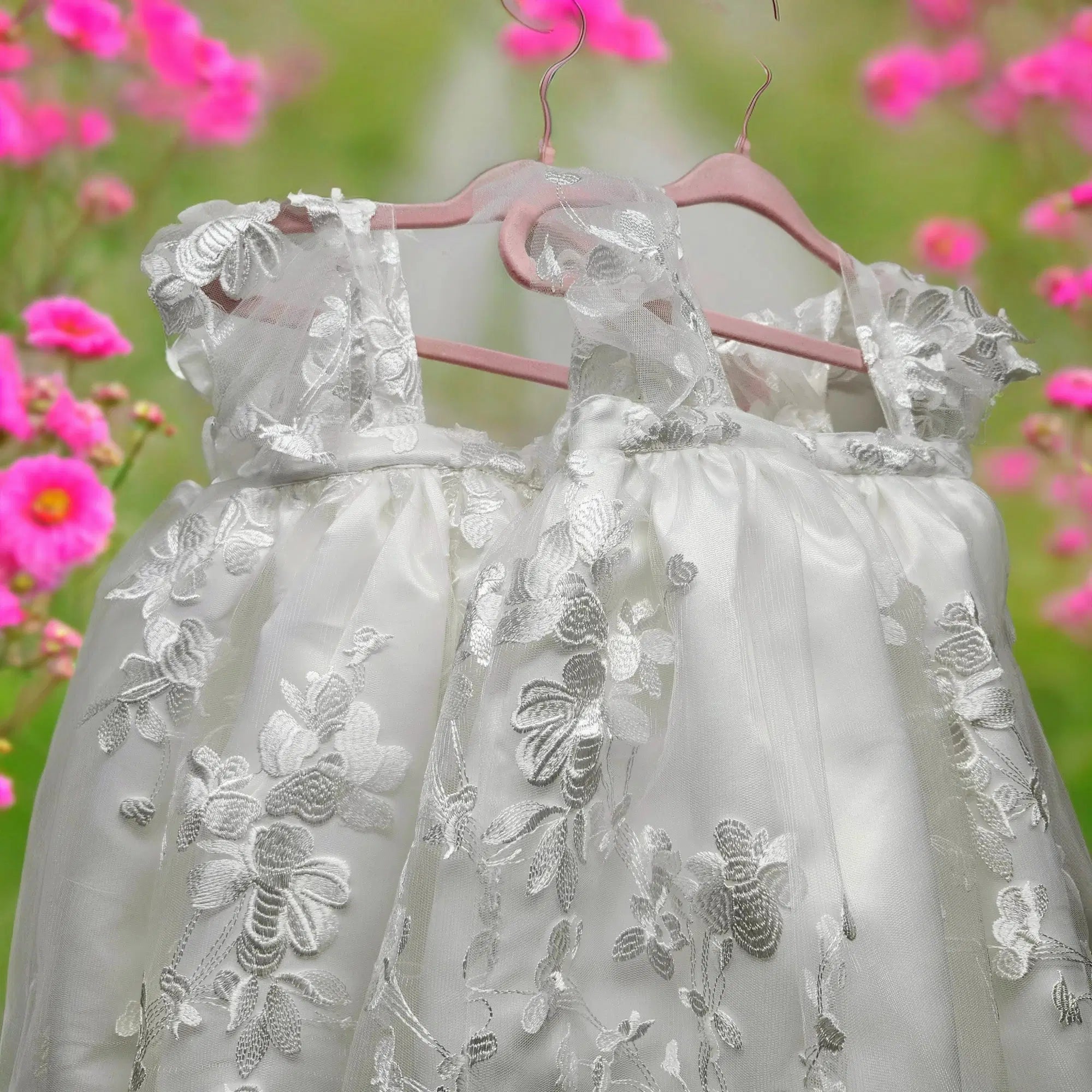 close up view of two Babydoll Flower Girl Dresses image 10