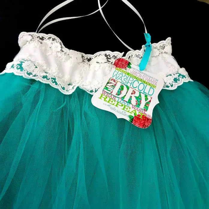 close up view of lace waist on teal green Tutu skirt for Kids image 5 