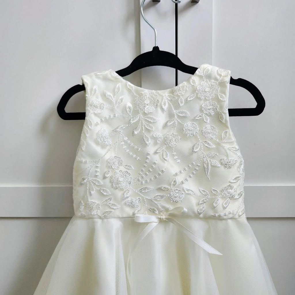 close up view of lace bodice on a Classic Ivory Flower Girl Dress Lace Bow image 6