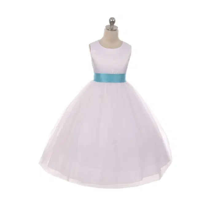 Flower Girl Dress With blue Sash and tulle skirt image 4