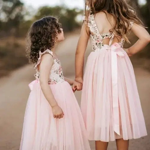 two models wearing Pink Flower Girl Dresses image 2