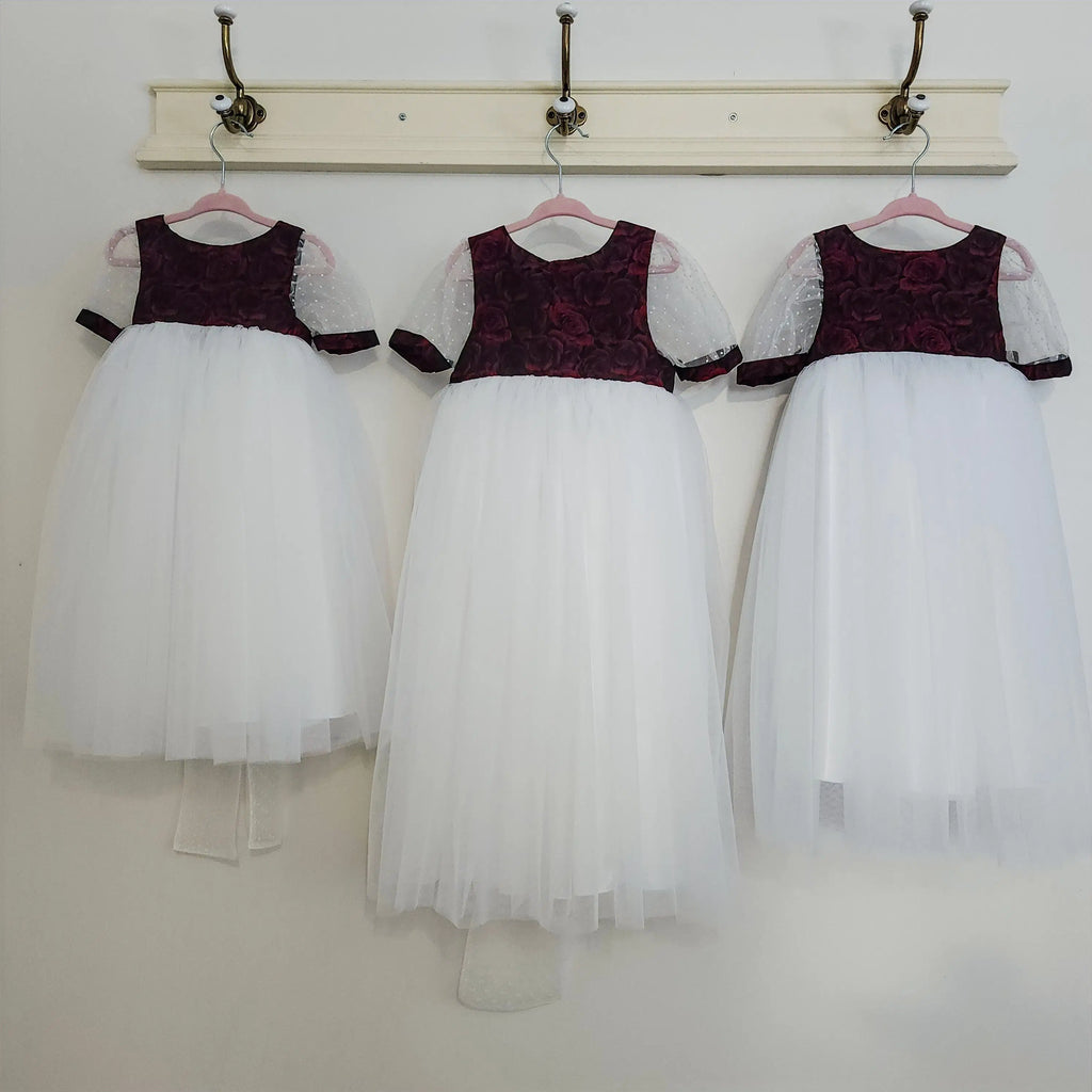 three Red and White Flower Girl Dresses with puff sleeve image 6