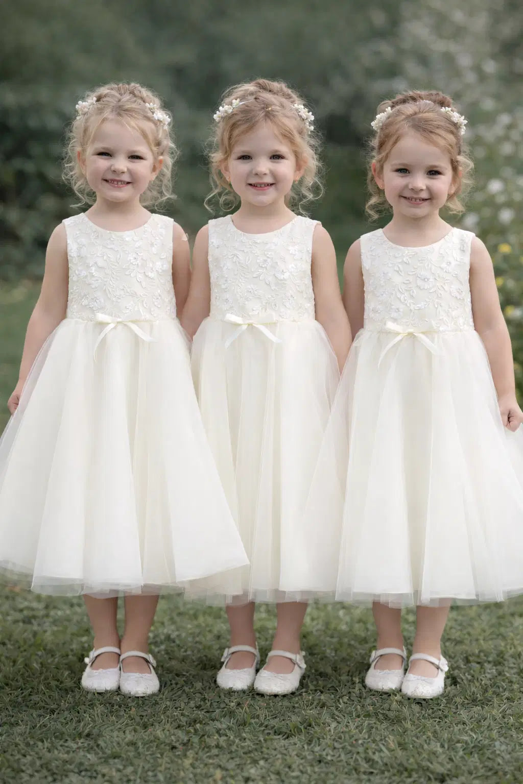 three models wearing Classic Ivory Flower Girl Dresses With Tulle and Lace Bow image 0