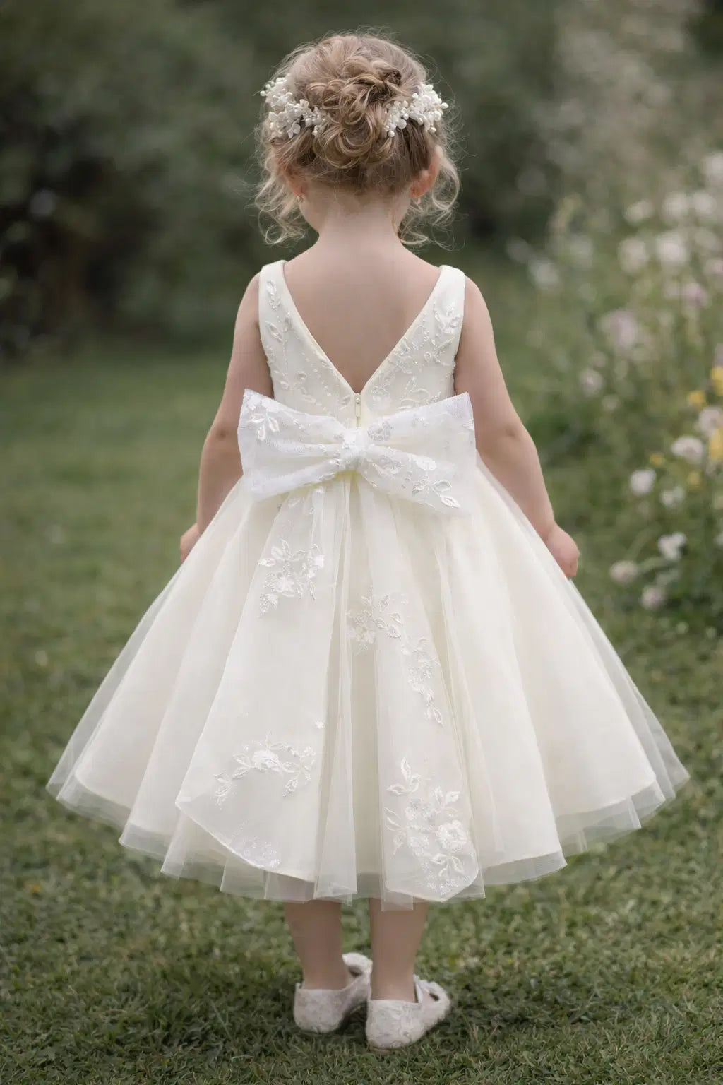 Classic Ivory Flower Girl Dress With V back and Lace Bow image 4