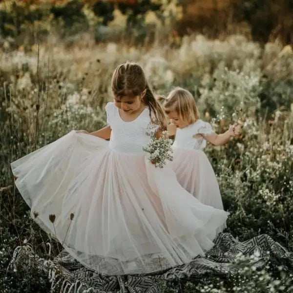 models wearing Flower Girl Dresses with lace and v back image 0