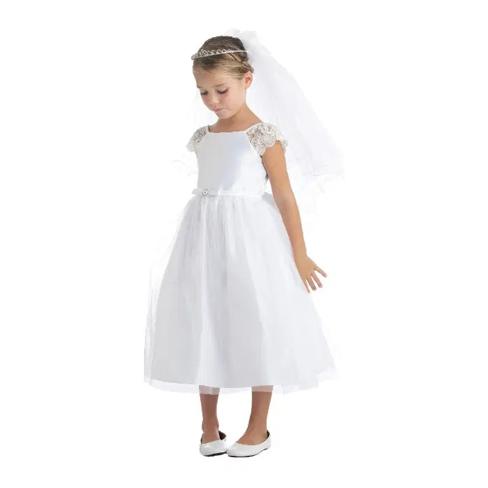 White Flower Girl Dress with cap sleeve image 0