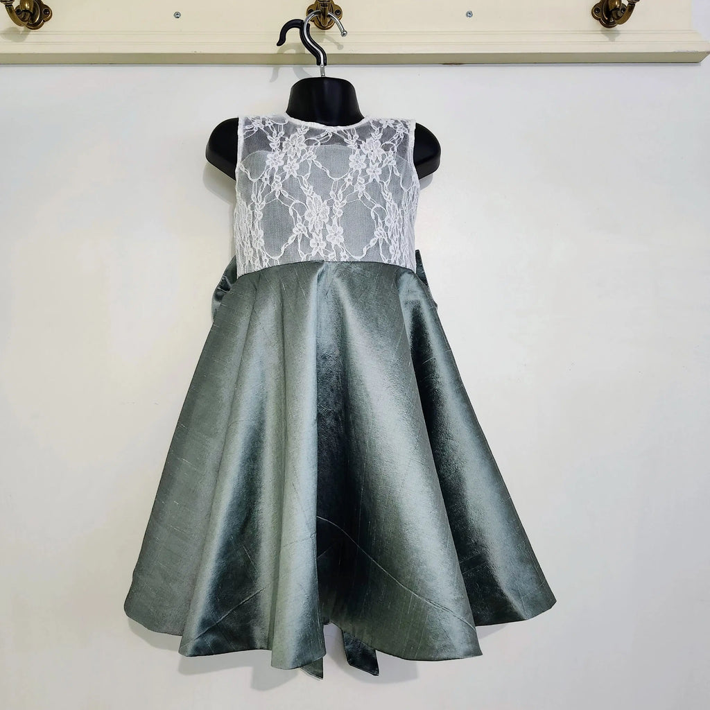 front view of Sage Green Flower Girl Dress with lace bodice image 1