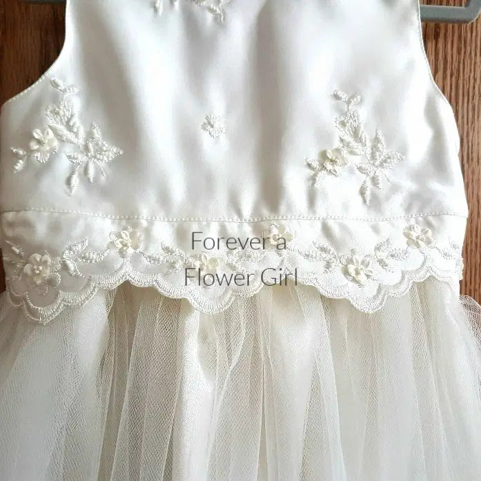 satin bodice with flowers on Silk Ivory Flower Girl Dress image 4