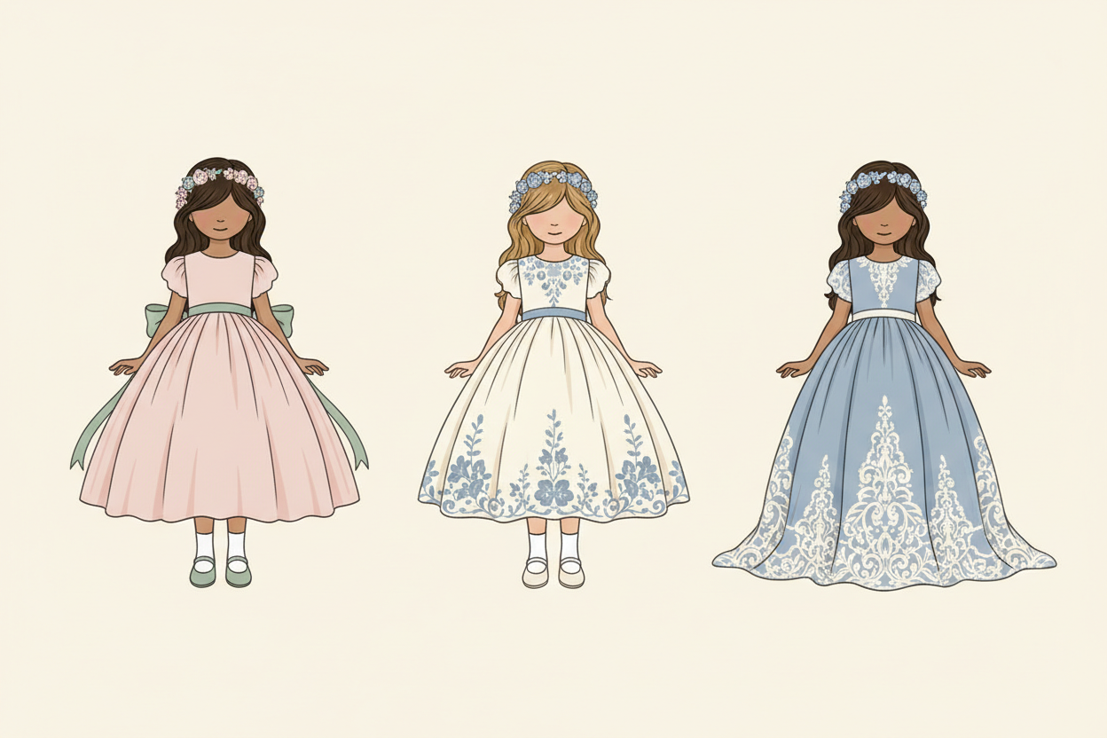 Illustration comparing tea-length, knee-length, and floor-length flower girl dresses