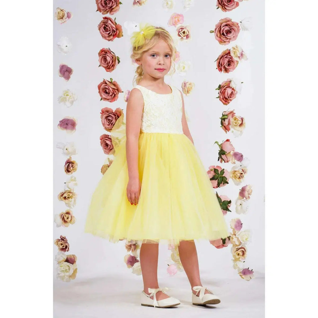 Yellow Flower Girl Dress with white lace bodice image 3