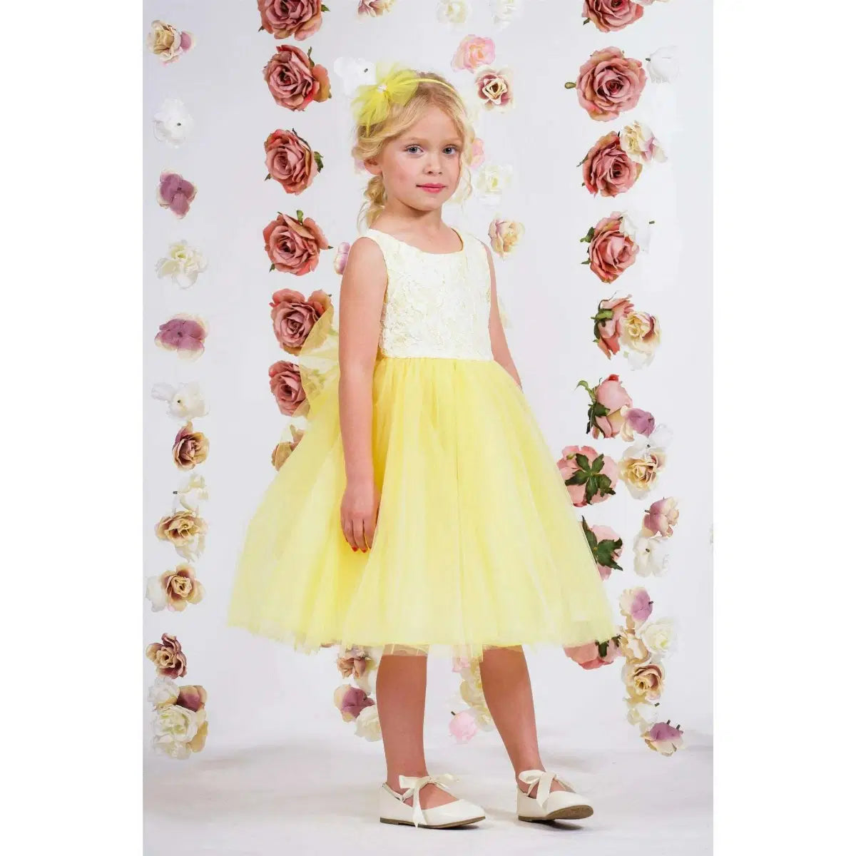 Yellow Flower Girl Dress with white lace bodice image 3